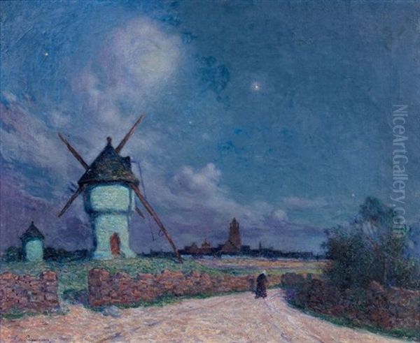 Le Moulin De Batz-sur-mer Au Clair De Lune Oil Painting by Ferdinand du Puigaudeau