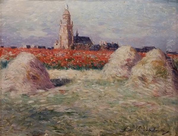 Haystacks And Field Of Poppies Near The Croisie Oil Painting by Ferdinand du Puigaudeau