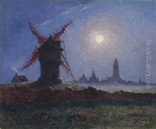 Moulin De La Masse Au Clair De Lune (bourg De Batz) Oil Painting by Ferdinand du Puigaudeau