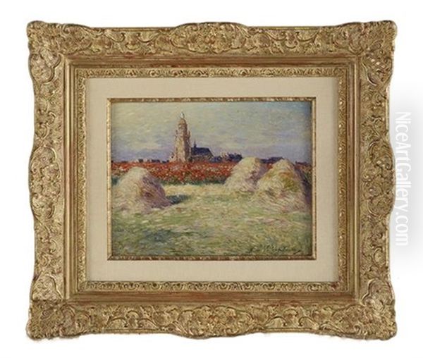 Meules De Foin Et Champ De Coquelicots Pres Du Croisie Oil Painting by Ferdinand du Puigaudeau