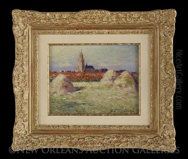 Meules De Foin Et Champ De Coquelicots Pres Du Croisie Oil Painting by Ferdinand du Puigaudeau