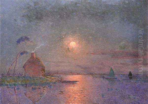 Coucher De Soleil En Briere Sur L'eau Oil Painting by Ferdinand du Puigaudeau