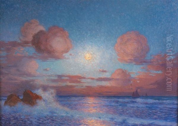 Coucher De Soleil Sur La Mer Oil Painting by Ferdinand du Puigaudeau