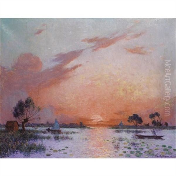 Coucher De Soleil En Briere Oil Painting by Ferdinand du Puigaudeau