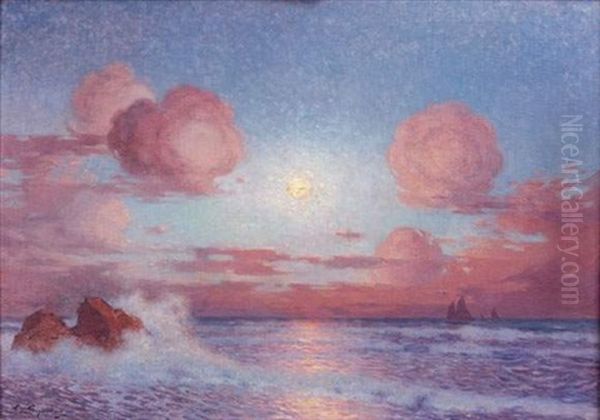 Coucher De Soleil Sur La Mer Ou Voiliers Au Soleil Couchant Oil Painting by Ferdinand du Puigaudeau