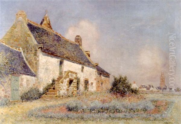 Ferme Avec Un Clocher Au Second Plan Oil Painting by Ferdinand du Puigaudeau