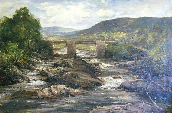 Moorland Scenewith River And A Stone Bridge On Foreground Oil Painting by Francis Abel William Armstrong