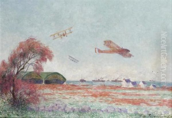 Les Aeroplanes Au Camp De Saint Nazaire Oil Painting by Ferdinand du Puigaudeau