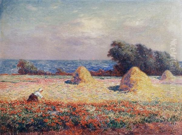 Meules De Foin Et Champ De Coquelicots Oil Painting by Ferdinand du Puigaudeau