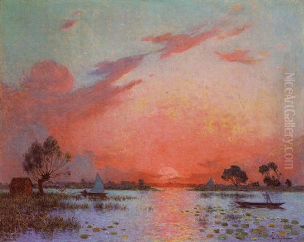 Coucher De Soleil En Briere Oil Painting by Ferdinand du Puigaudeau