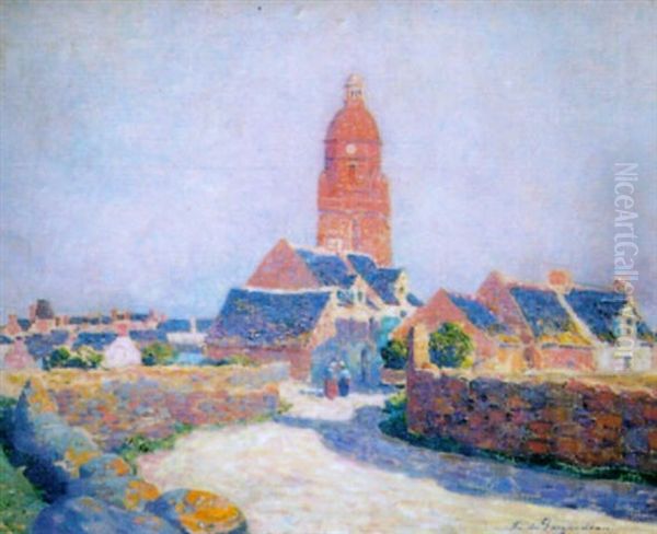 Lumiere Du Soir Sur L'eglise Et Le Bourg De Batz Oil Painting by Ferdinand du Puigaudeau