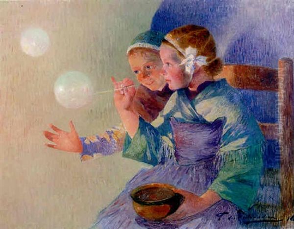 Fillettes Aux Bulles De Savon Oil Painting by Ferdinand du Puigaudeau