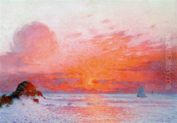 Coucher De Soleil Sur La Mer (voiliers Au Soleil Couchant) Oil Painting by Ferdinand du Puigaudeau