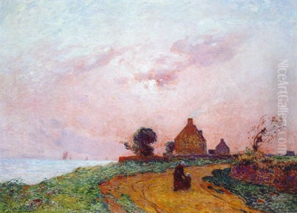 Bretagne, Paysanne Sur La Route En Bord De Mer Oil Painting by Ferdinand du Puigaudeau