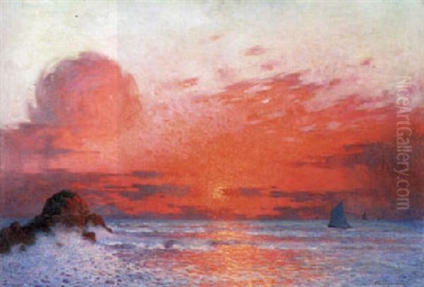 Coucher De Soleil Sur La Mer (voiliers Au Soleil Couchant) Oil Painting by Ferdinand du Puigaudeau