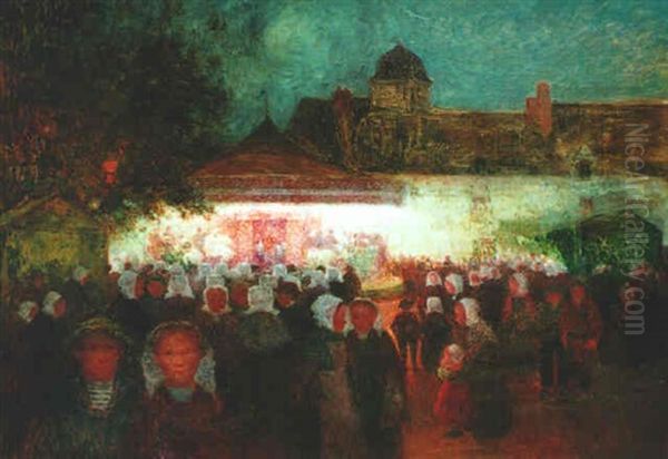 Fete Forained De Nuit Au Croisic - Le Manege Oil Painting by Ferdinand du Puigaudeau