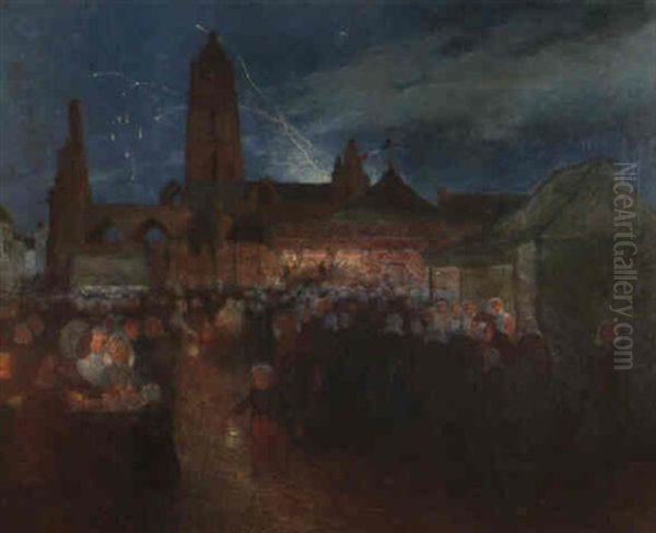 Manege Et Fete Foraine La Nuit A Batz-sur-mer Oil Painting by Ferdinand du Puigaudeau