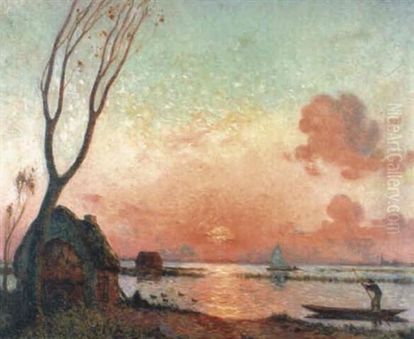 Coucher De Soleil Sur Les Marais En Briere Oil Painting by Ferdinand du Puigaudeau