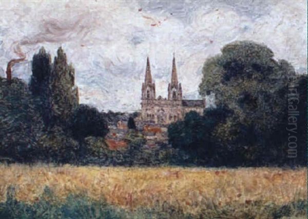 Champ De Ble Et Cathedrale Oil Painting by Ferdinand du Puigaudeau