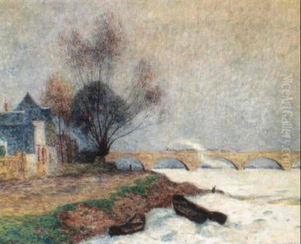 La Loire Prise Par La Glace Au Pont De San Francisco A      Nantes Oil Painting by Ferdinand du Puigaudeau