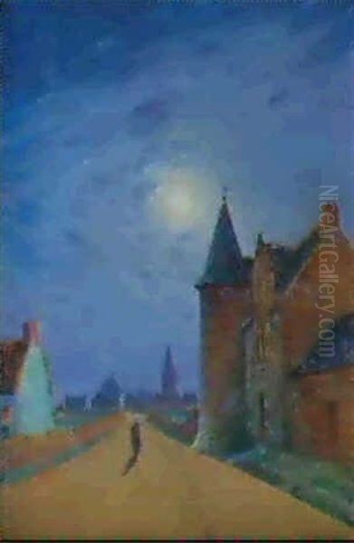 Clair De Lune Rue Du Kervaudou Oil Painting by Ferdinand du Puigaudeau