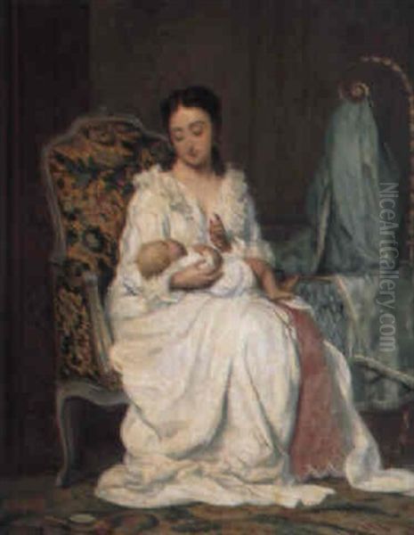 Interior Med Mor Og Barn Oil Painting by Adolphe Henri Dubasty