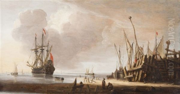 Navire Pres De La Plage Oil Painting by Hendrik Jacobsz Dubbels