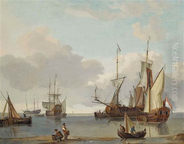 Dutch East Indiamen And A States Yacht In A Calm Offshore Oil Painting by Hendrik Jacobsz Dubbels