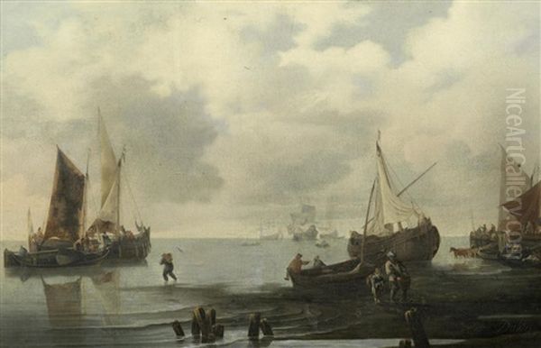 A Beach Scene With Small Craft In A Calm Sea Oil Painting by Hendrik Jacobsz Dubbels