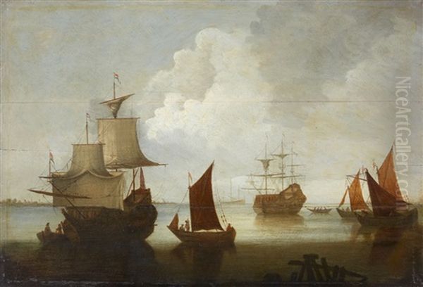 Sailing Ships And Boats On Calm Seas Oil Painting by Hendrik Jacobsz Dubbels