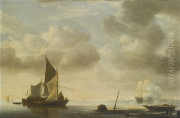 A River Landscape With A Vessel Saluting Oil Painting by Hendrik Jacobsz Dubbels