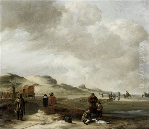 A Beach Landscape With A Fish Seller Oil Painting by Hendrik Jacobsz Dubbels