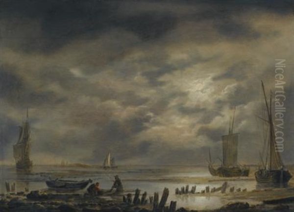 A Moonlit Coastal Landscape With Fishermen In The Foreground Oil Painting by Hendrik Jacobsz Dubbels