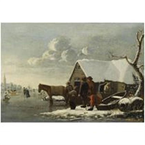 A Winter Landscape With Figures And Horses Near A Barn, Skaters On A Frozen Lake, A Church Beyond Oil Painting by Hendrik Jacobsz Dubbels