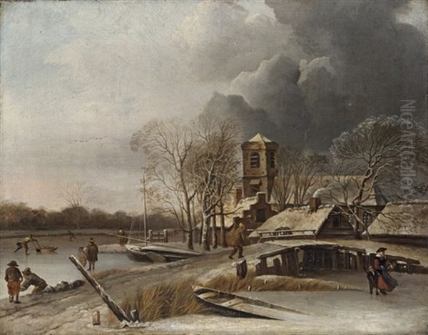 A Winter Landscape Oil Painting by Hendrik Jacobsz Dubbels