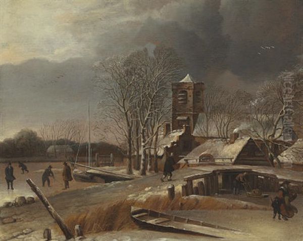 Winter Landscape With Skaters On A Frozen Canal Oil Painting by Hendrik Jacobsz Dubbels