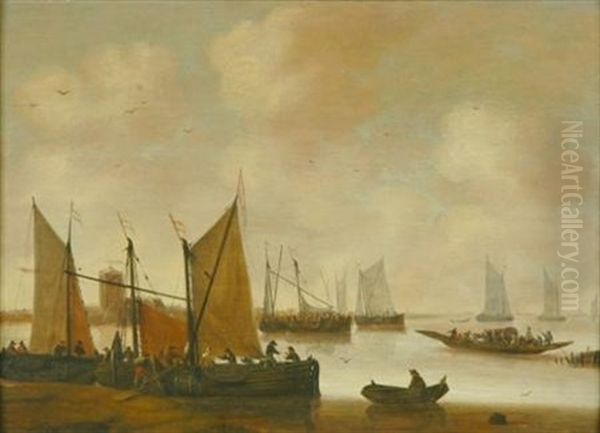 A Calm Harbor Oil Painting by Hendrik Jacobsz Dubbels