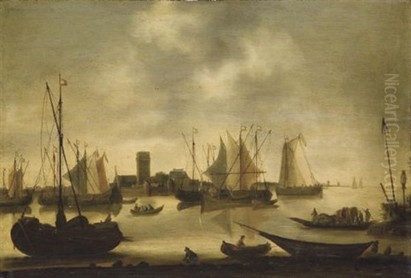 Shipping An Estuary, By A Walled Town Oil Painting by Hendrik Jacobsz Dubbels