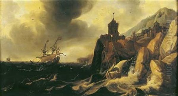 Bateau Pris Dans La Tempete Le Long D'une Cote Rocheuse Oil Painting by Hendrik Jacobsz Dubbels