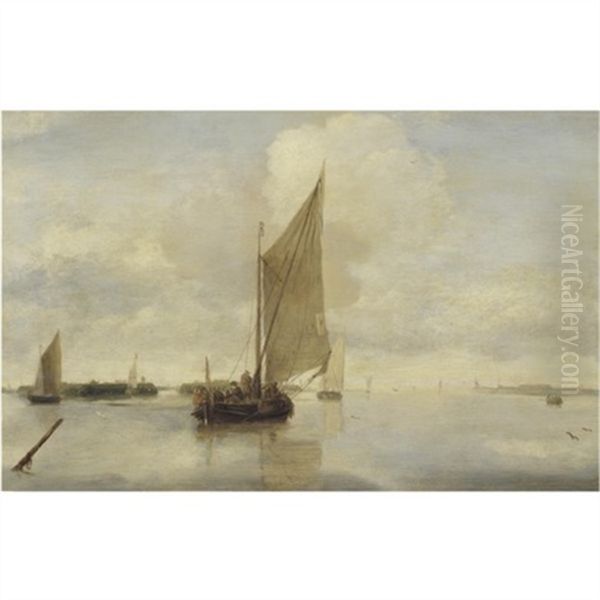 Sailing Vessels And A Rowing Boat On A Calm Sea Oil Painting by Hendrik Jacobsz Dubbels