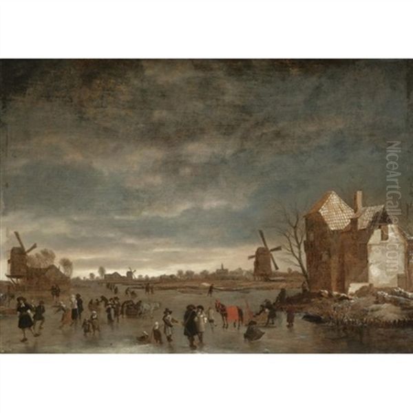 A Winter Landscape With Skaters On A Frozen Lake Oil Painting by Hendrik Jacobsz Dubbels