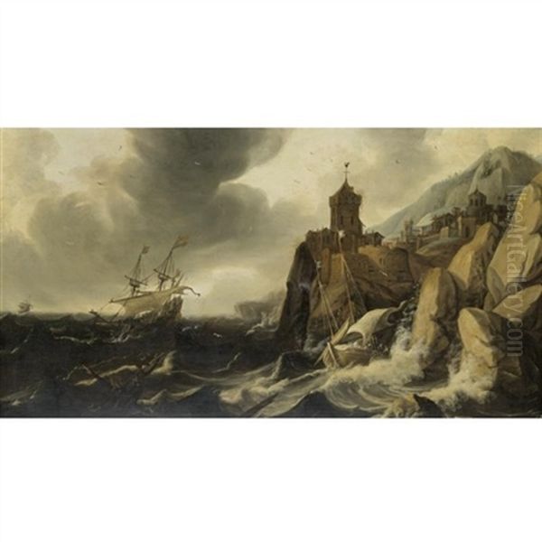 A Stormy Coastal Seascape With Ships On The Rocks Before A Town Oil Painting by Hendrik Jacobsz Dubbels