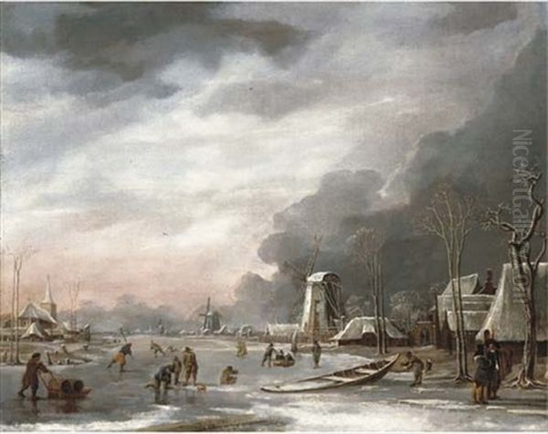 A Winter Landscape With Villagers Sledging On A Frozen Lake, A Church Beyond Oil Painting by Hendrik Jacobsz Dubbels