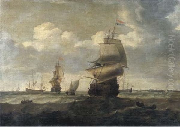 Marina Con Velieri Ed Altre Imbarcazioni Al Largo Di Una Citta Oil Painting by Hendrik Jacobsz Dubbels