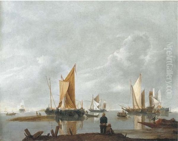 A Coastal Landscape With Shipping And Two Fishermen In The Foreground Oil Painting by Hendrik Jacobsz Dubbels