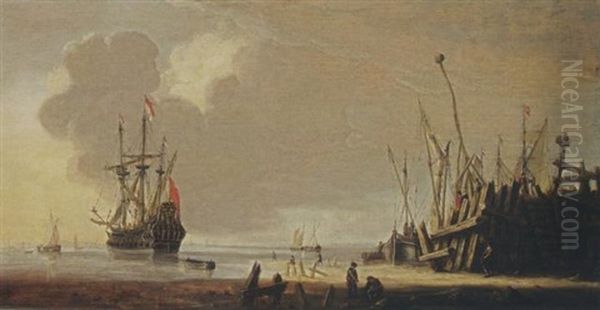 A Man-of-war In Calm Waters With Other Vessels, Other Sailing Boats Moored At A Quay In The Foreground Oil Painting by Hendrik Jacobsz Dubbels