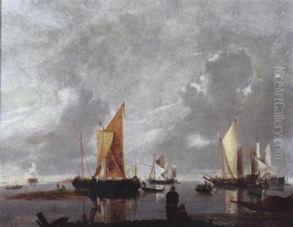 Moored Ships In A Calm, Fisherfolk On A Jetty Nearby Oil Painting by Hendrik Jacobsz Dubbels