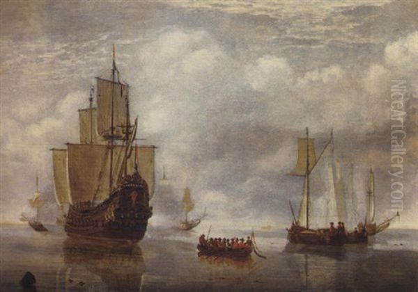 A States Yacht Firing A Salute At A Departing Barge, With Other Shipping In A Calm Oil Painting by Hendrik Jacobsz Dubbels