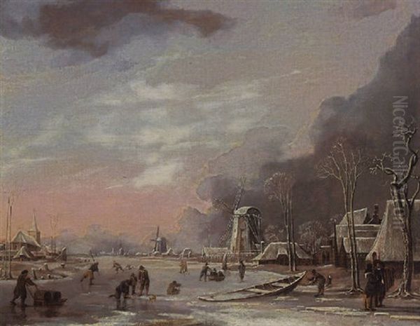 A Winter Landscape With Figures Skating, Playing Kolf And Pushings Sleighs On The Ice At Sunset Oil Painting by Hendrik Jacobsz Dubbels