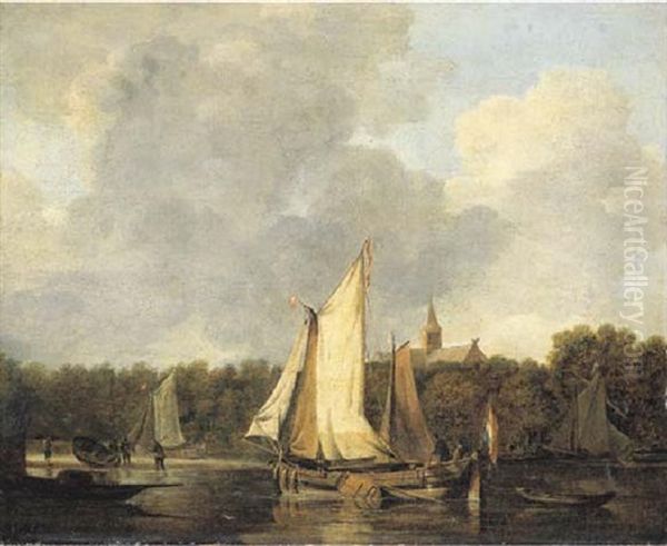 A Wooded River Landscape With A Sailing Barge, A Church Beyond Oil Painting by Hendrik Jacobsz Dubbels